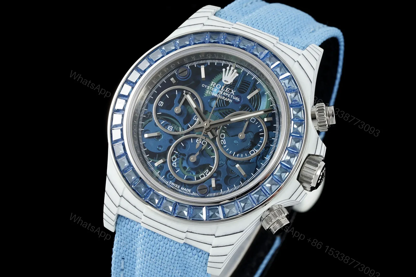 View 3 of Rolex Daytona 40mm Carbon Fiber Blue Skeleton Dial Blue Bezel Strap Watch RLX-DAY-CARBON-40-BLU-BEZ