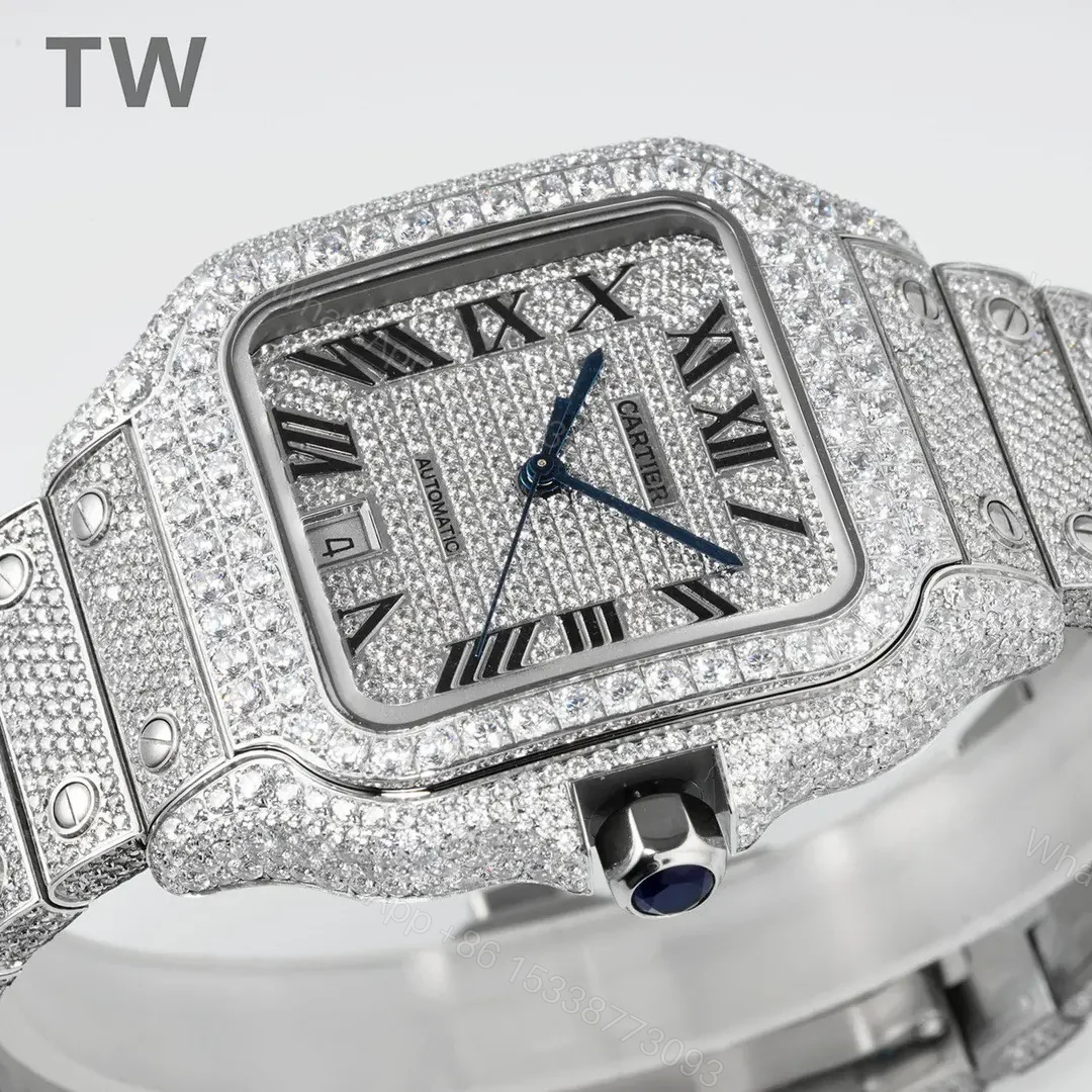View 4 of TW Factory Cartier Santos Large Diamond Bezel Full Diamond Set Watch – Silver with Blue Hands, Automatic Movement, 40mm Stainless Steel Case, Sapphire Crystal, QuickSwitch Strap System