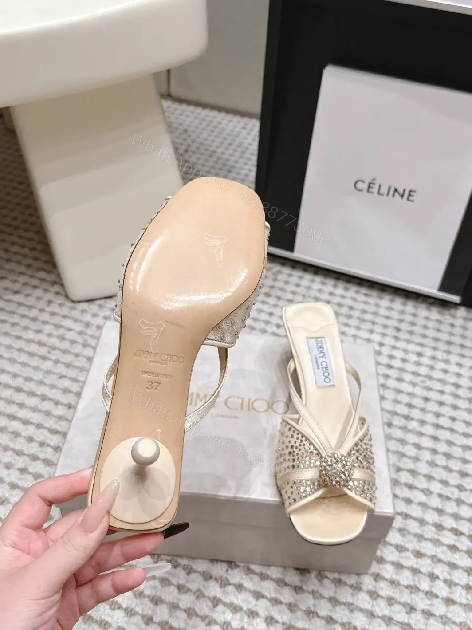 View 8 of Cream satin crystal-embellished kitten-heel sandals for luxury occasions