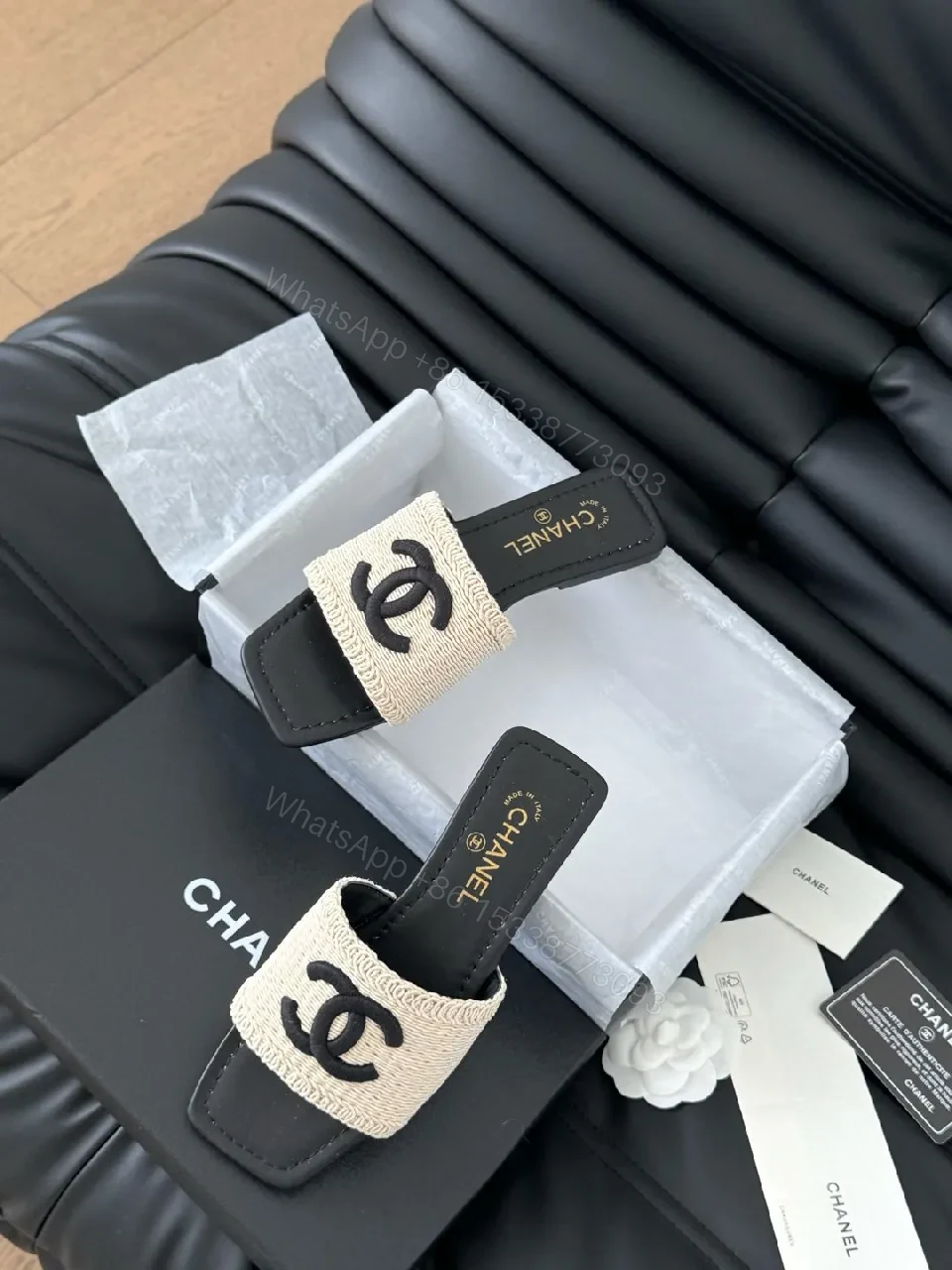 View 4 of Beige Canvas Slides with Interlocking Logo, Luxe-Style Comfort