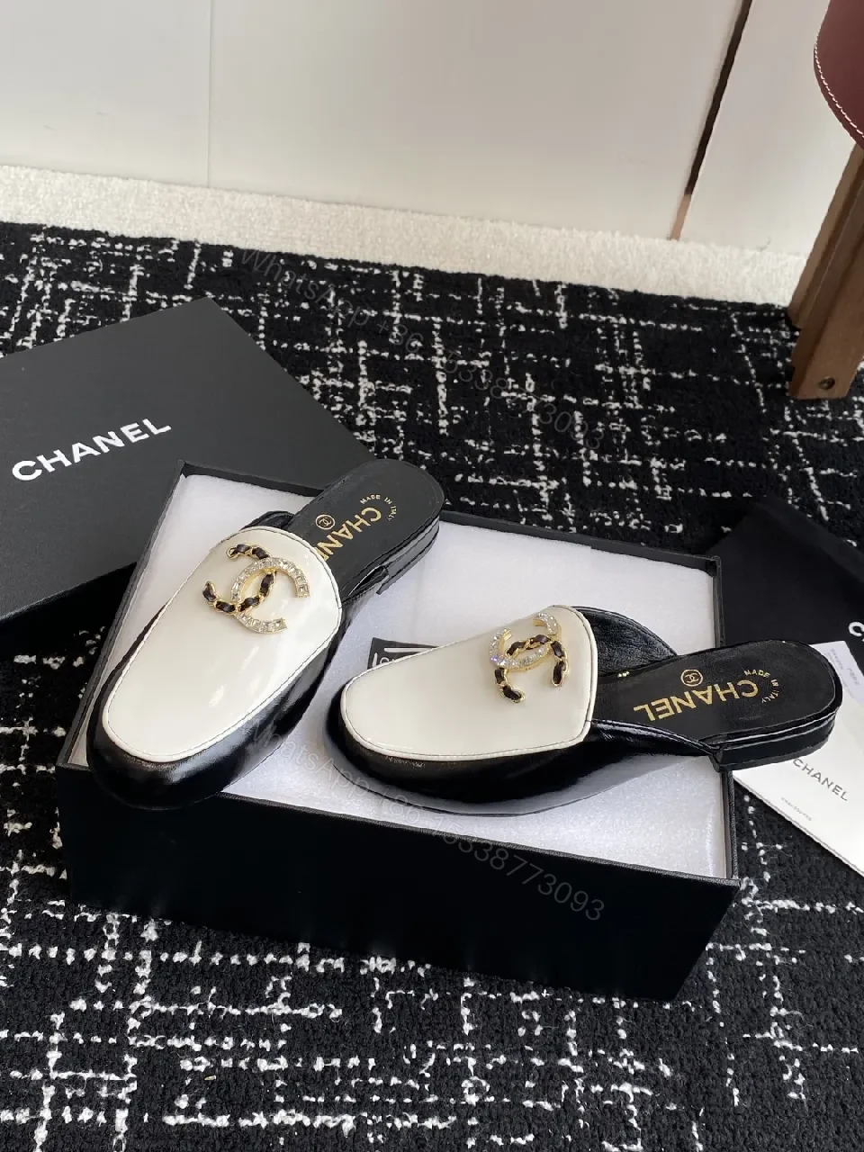 Ivory-Black Leather Mules: Gold-C Logo Slip-Ons — view 1
