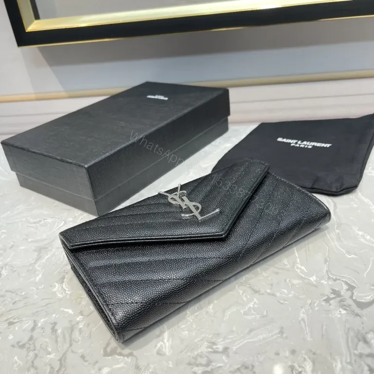 View 2 of Pebbled Leather Envelope Wallet - YSL Hardware, Black, Luxury Style