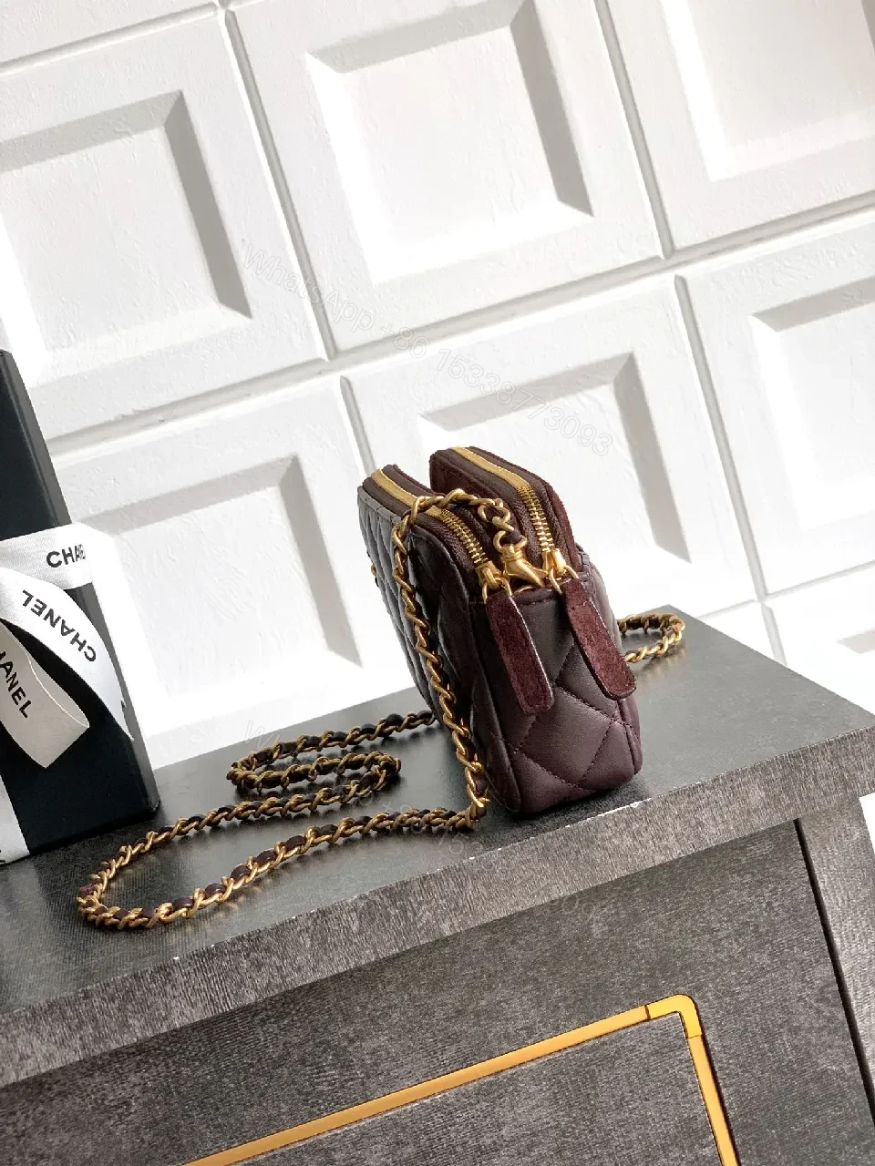 View 9 of Small Leather Crossbody: Diamond Quilt, Gold Logo, Velvet Trim, Everyday Luxe