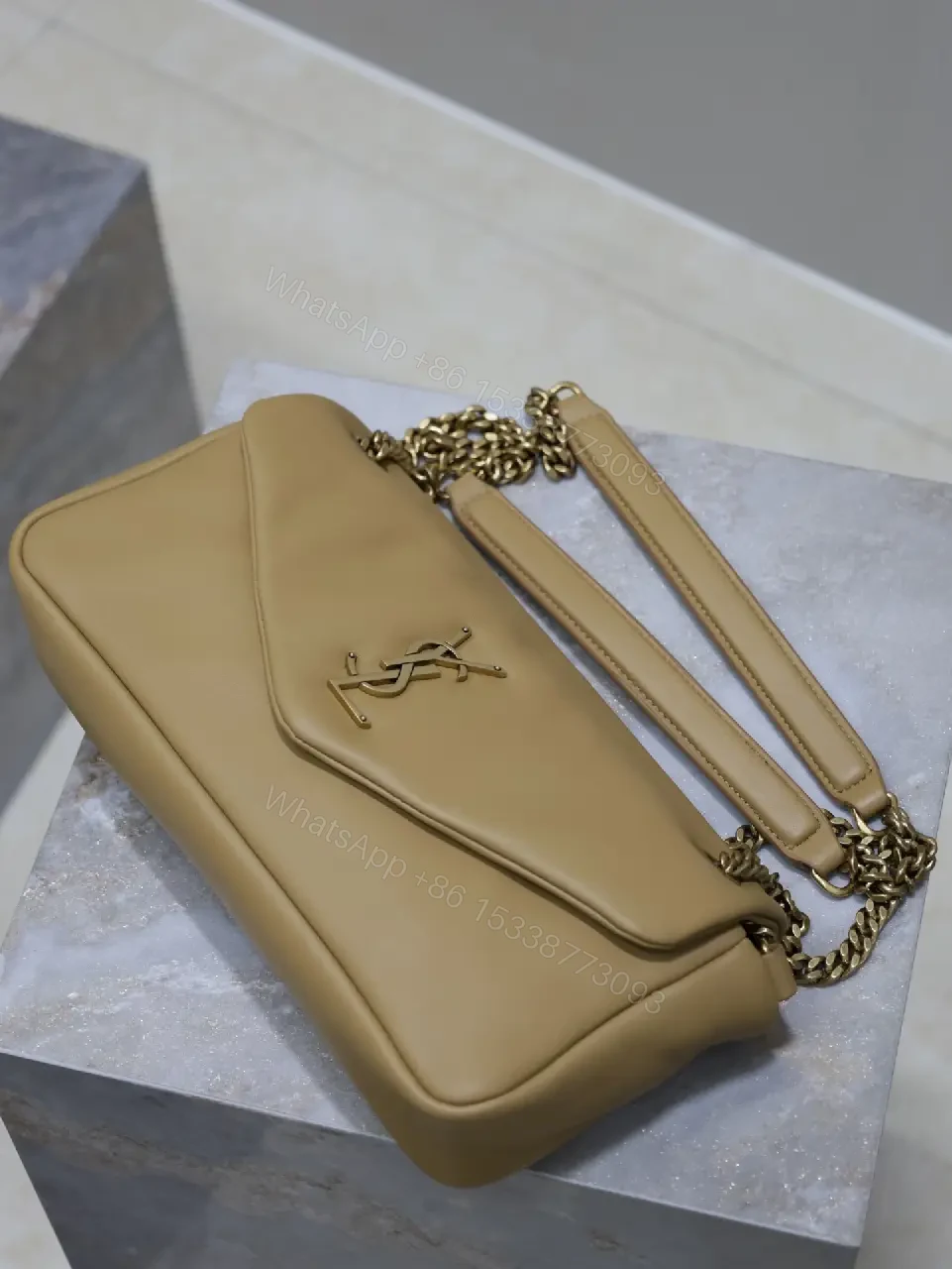 View 10 of Chic Taupe Calfskin Envelope Bag with Monogram Hardware