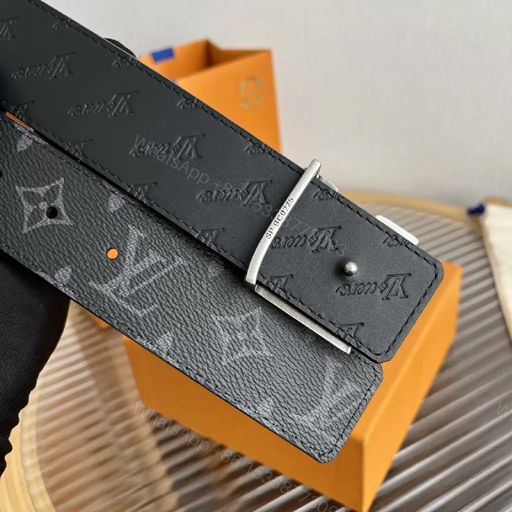 View 9 of Dark Gray/Black Leather Belt – LV Monogram, Pebbled Texture, Silver Buckle