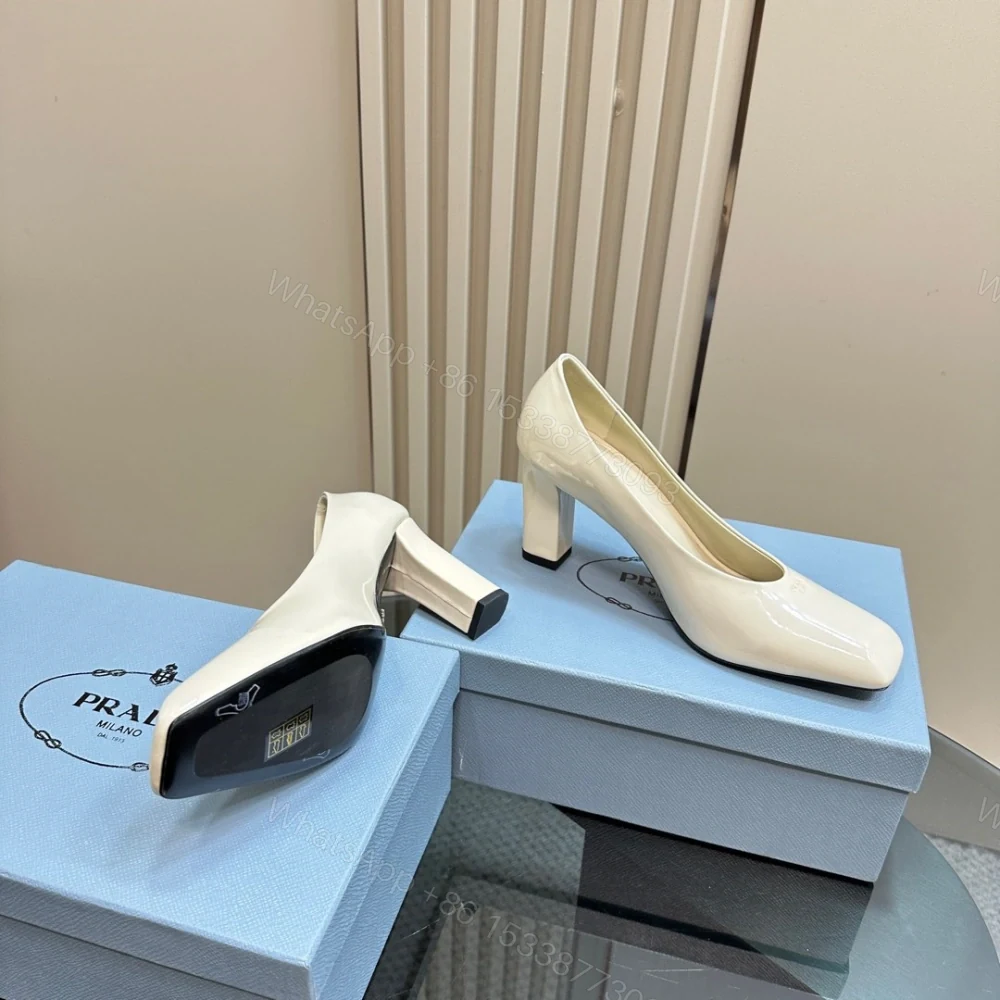View 6 of 高仿Prada*1I837M方頭粗跟高踭鞋8.5CM漆皮白色免檢版