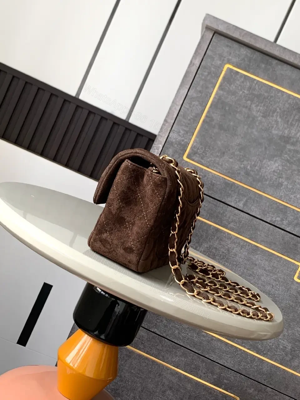 View 2 of Rich Quilted Brown Bag with Gold Hardware - Compact Leather-Style Shoulder Bag