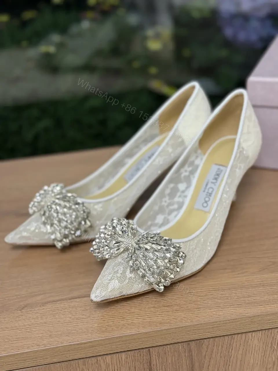 View 4 of Champagne Lace Pumps: Crystal Toe Embellishment, Elegant Pointed-Toe