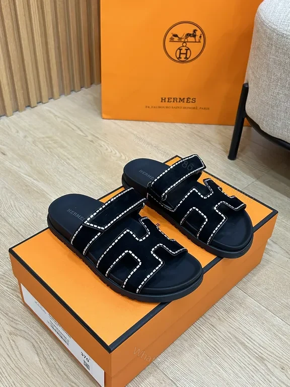 View 8 of Hermes-Inspired Black Slides with Geometric Stitch Detailing