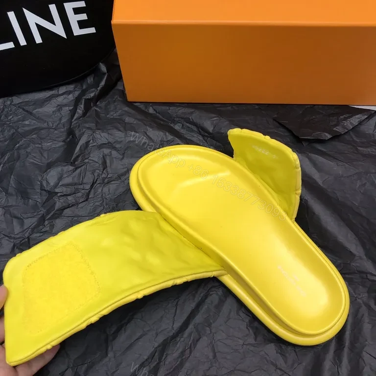 View 4 of Neon LV-Inspired Slides: Luxe Monogram Comfort Sandals
