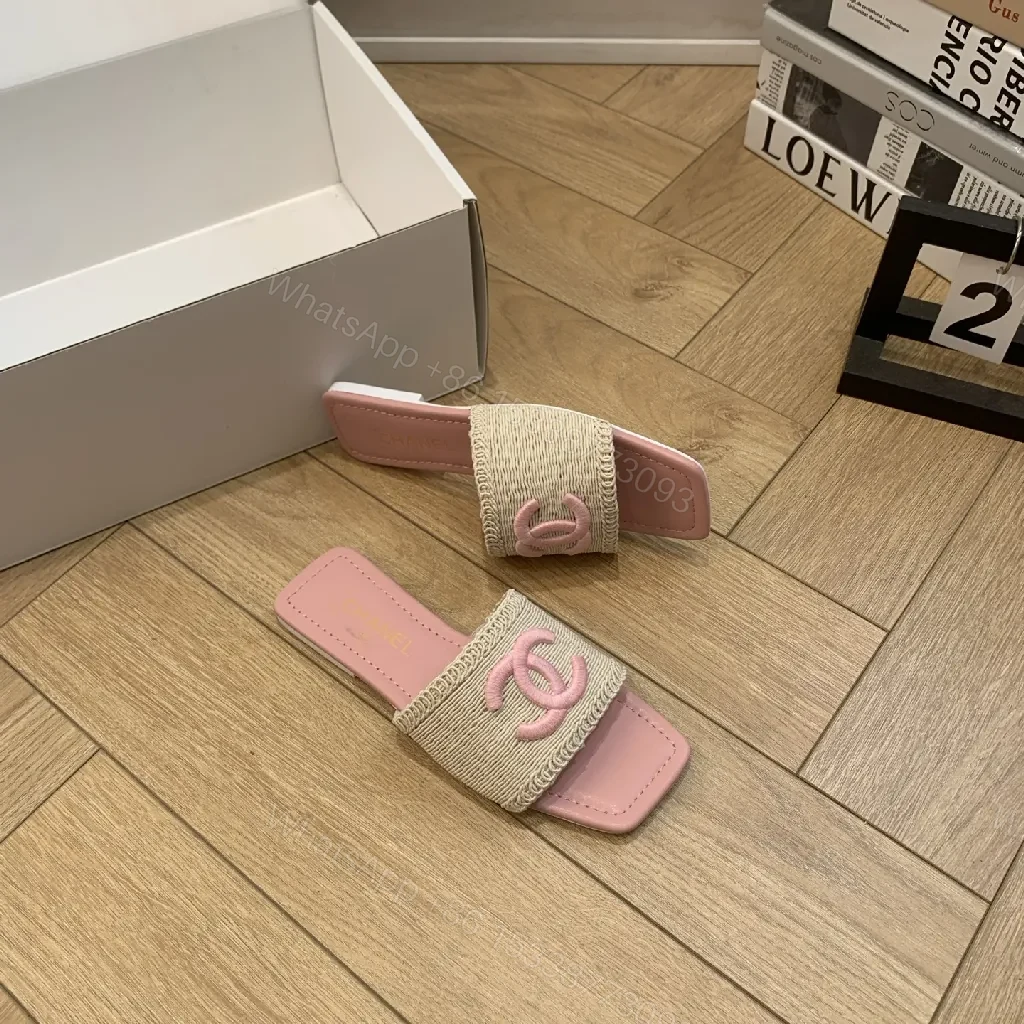 View 2 of Pink Raffia Slide, Interlocking Logo, Luxe Comfort Slides