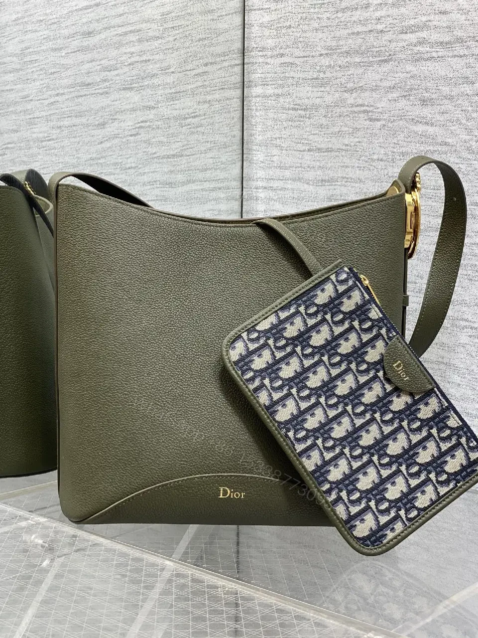 View 6 of Olive Pebbled Leather Satchel with Dior Pattern Card Holder