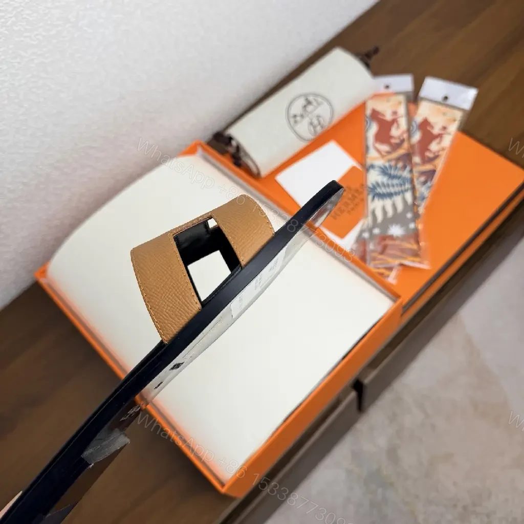 View 4 of Brown Leather Hermes-Style Sandals with Signature H Strap Slides