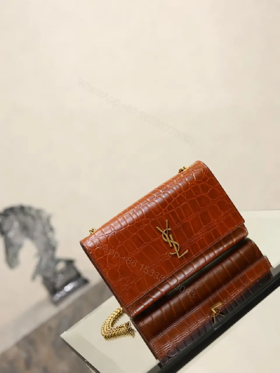 View 5 of Brown Crocodile-Embossed Leather Clutch with Gold Logo Clasp