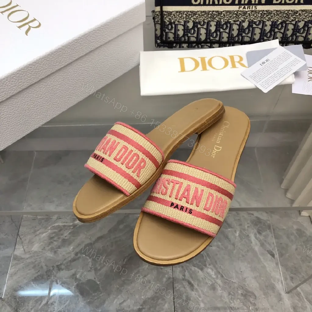 View 6 of Red Striped Straw Summer Sandals with Dior Logo Sliders