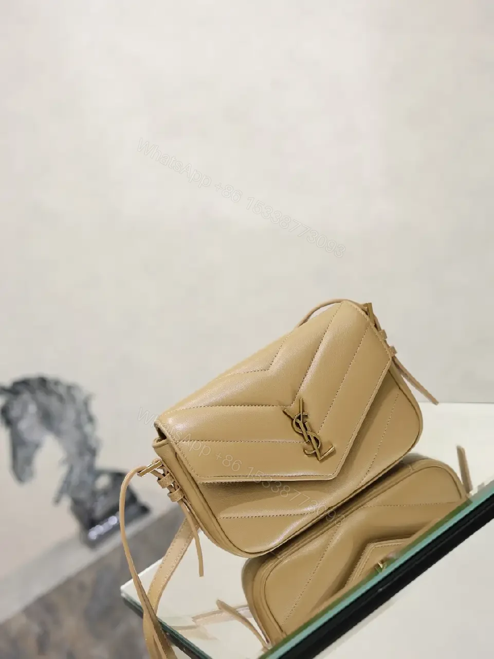 View 8 of Beige Leather Crossbody Bag Flap Chevron Stitching