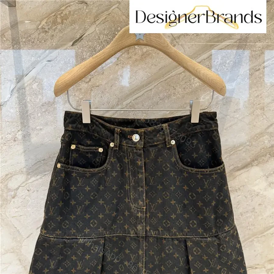 View 5 of Monogram-Denim A-Line Skirt with Visible Hardware