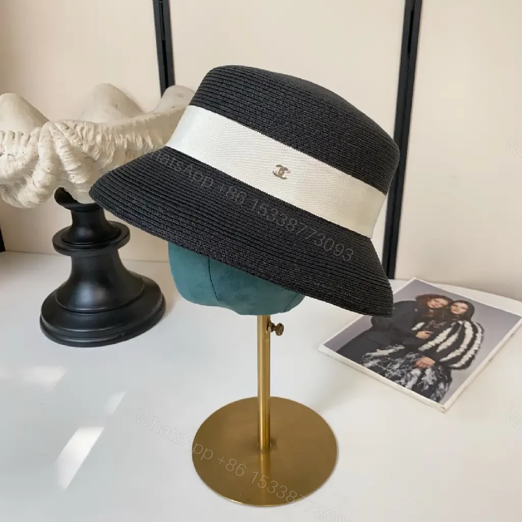 View 6 of Black Straw Fedora Hat with Beige Band Chanel Logo - Classic Style