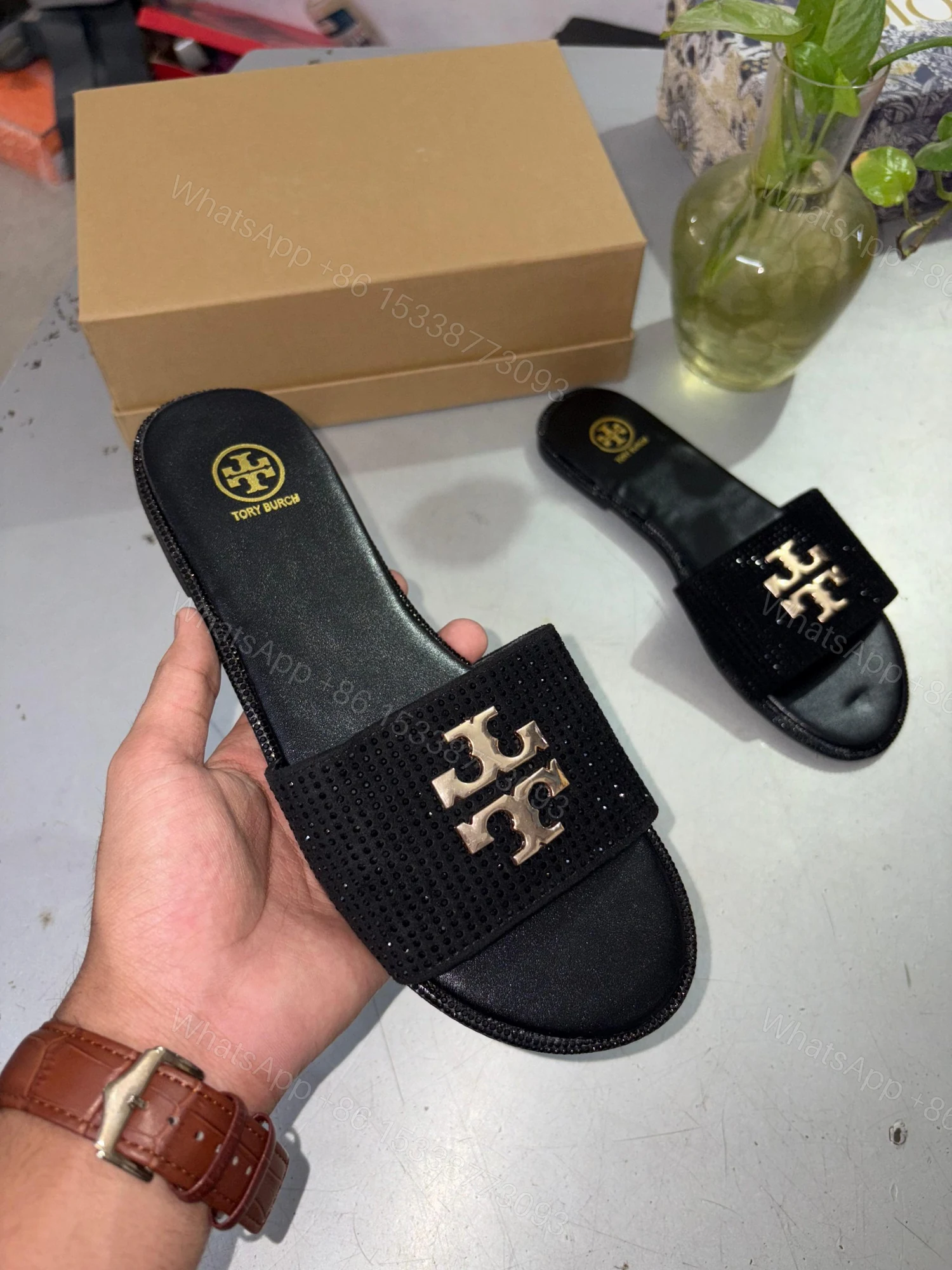 View 2 of FIRST COPY Tory Burch Everly Slide Sandals Light Black Gold Crystal