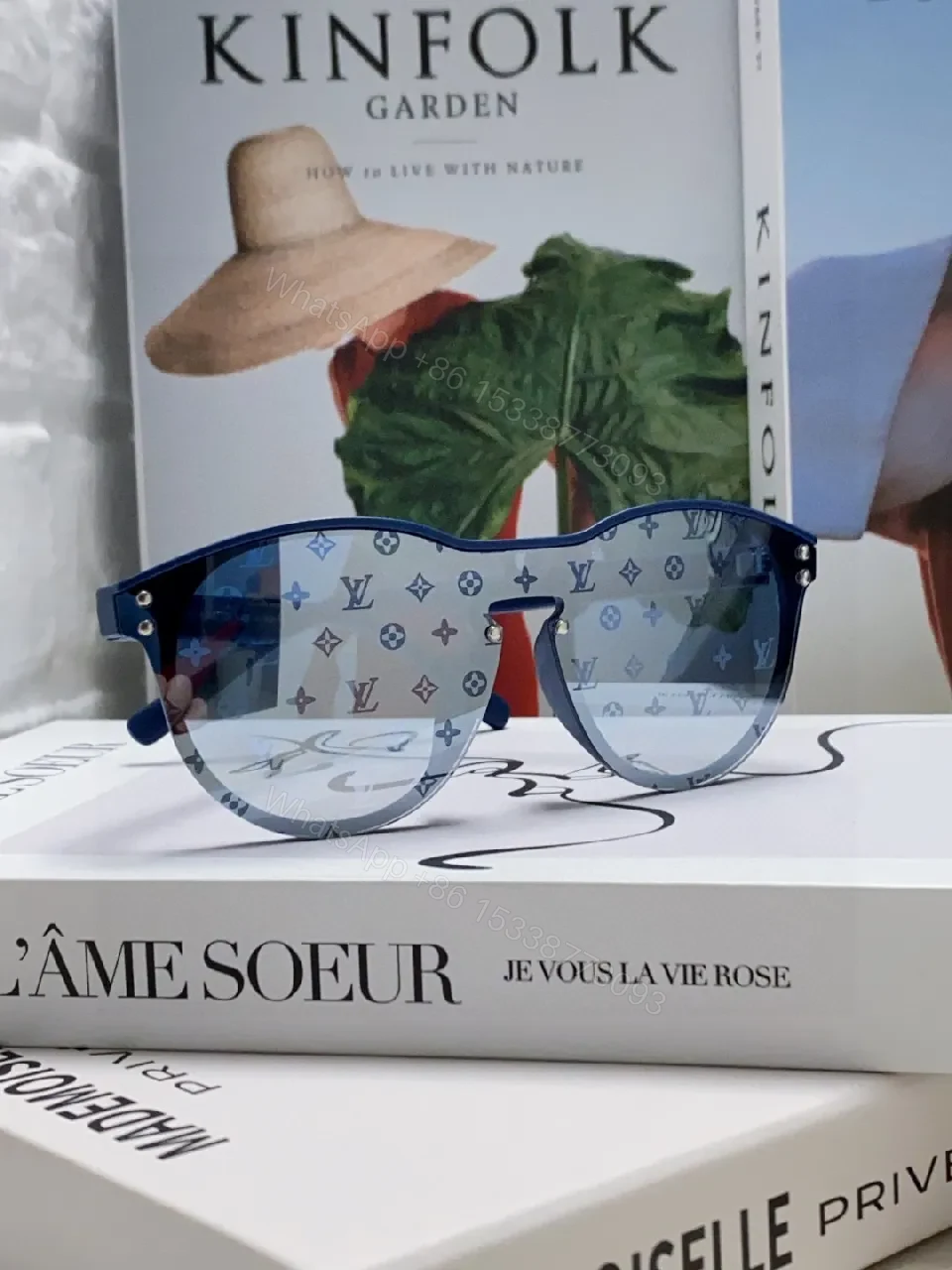 View 3 of Blue Translucent Monogram Shield Sunglasses - Oversized, UV-safe, Light-Weight Acetate