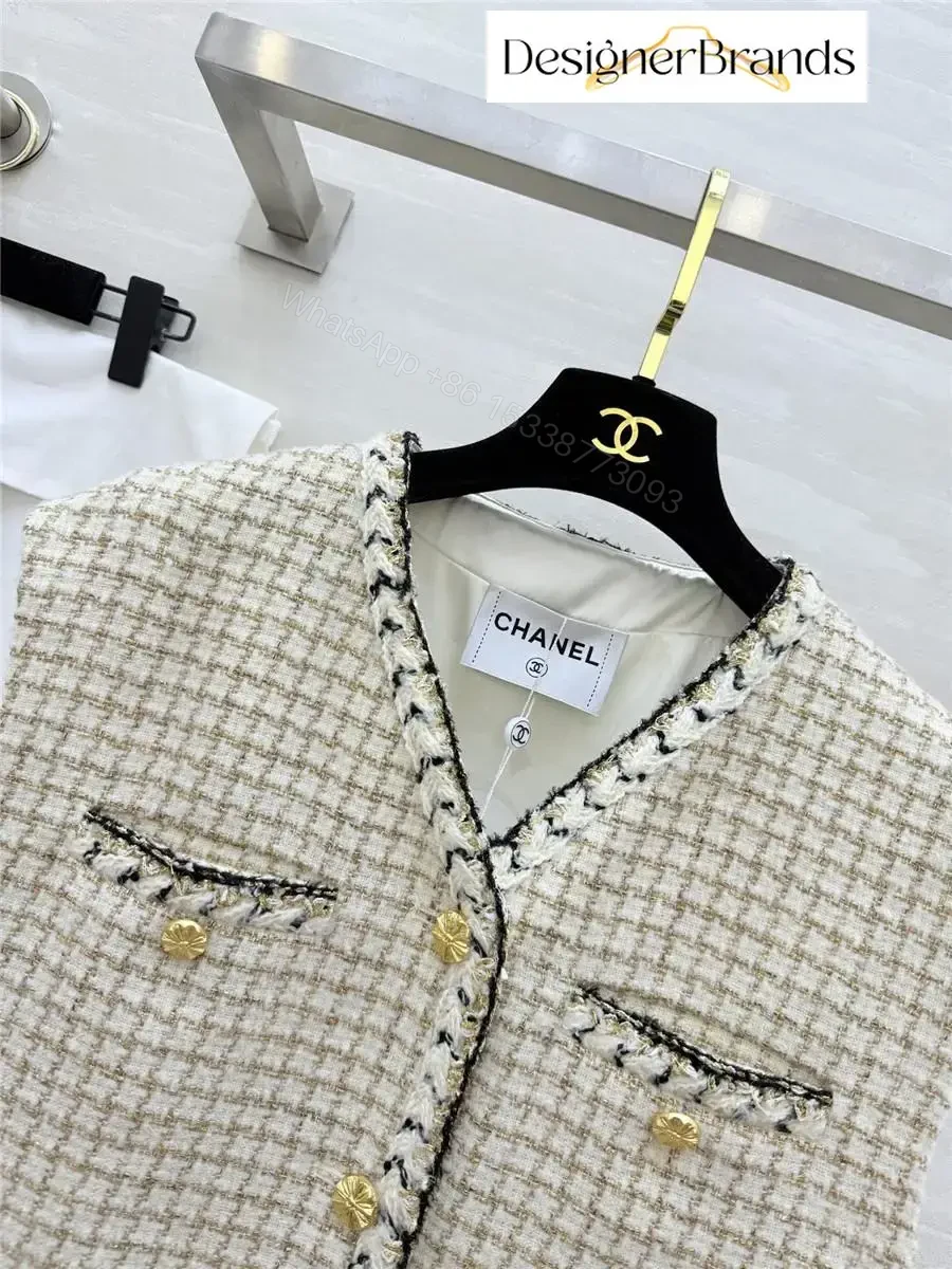View 2 of Textured Tweed Vest with Gold Button Detailing—Chic Layering Piece