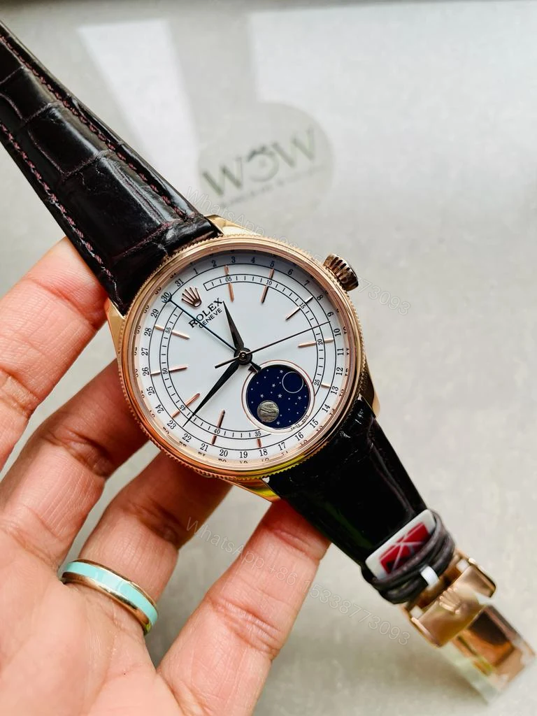 Rolex Cellini Moonphase 50535 RG White Dial on Leather Strap Asia 3195 Mod — view 1