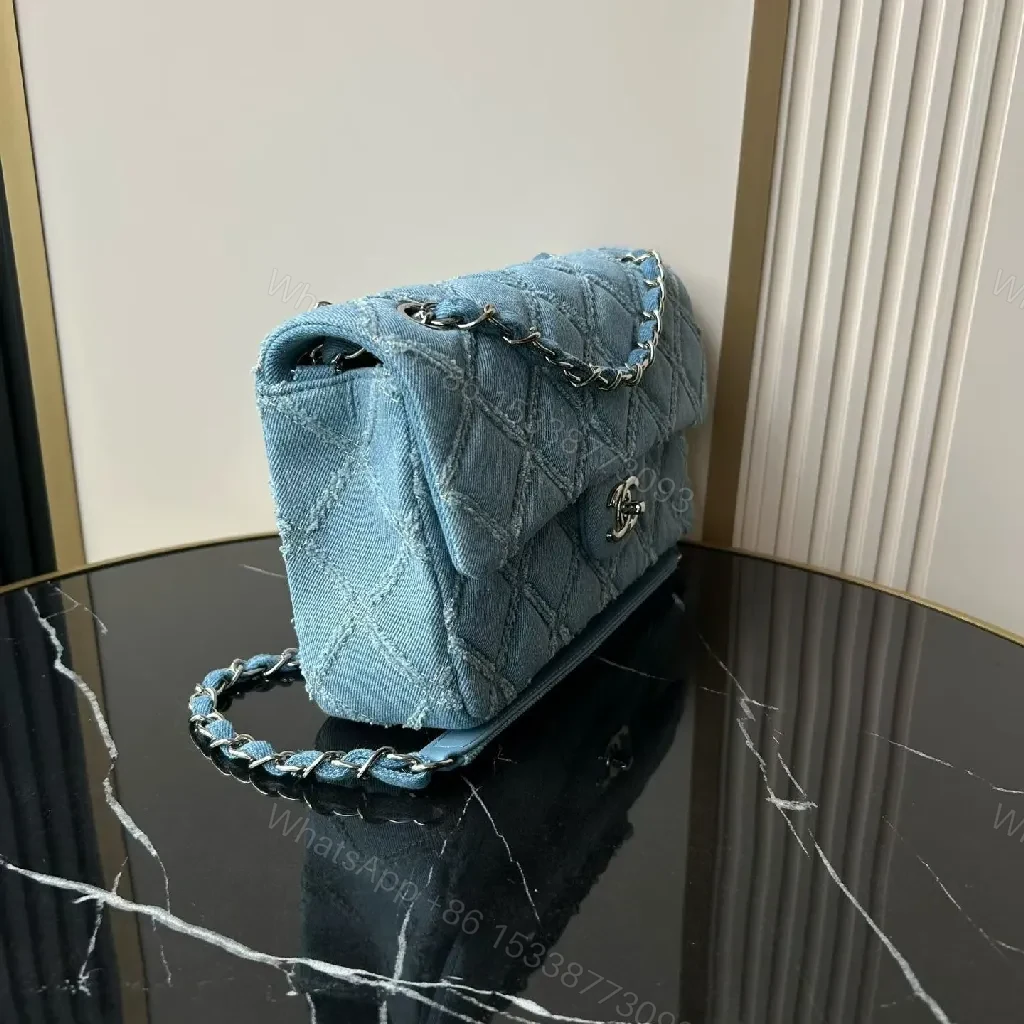 View 5 of Light-Blue Denim Flap Bag with Chain Strap, Quilted, Everyday Luxe