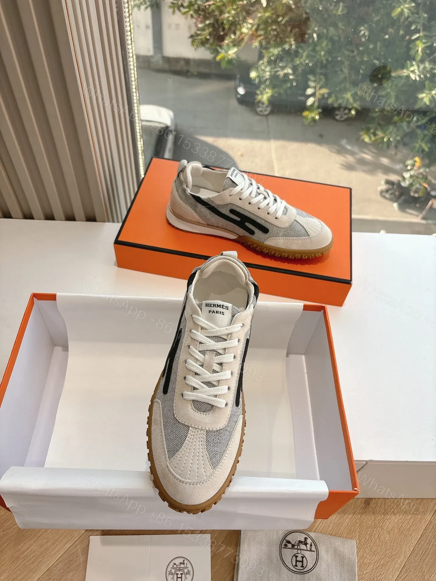View 4 of Hermes Women White Suede And Mesh Sneakers