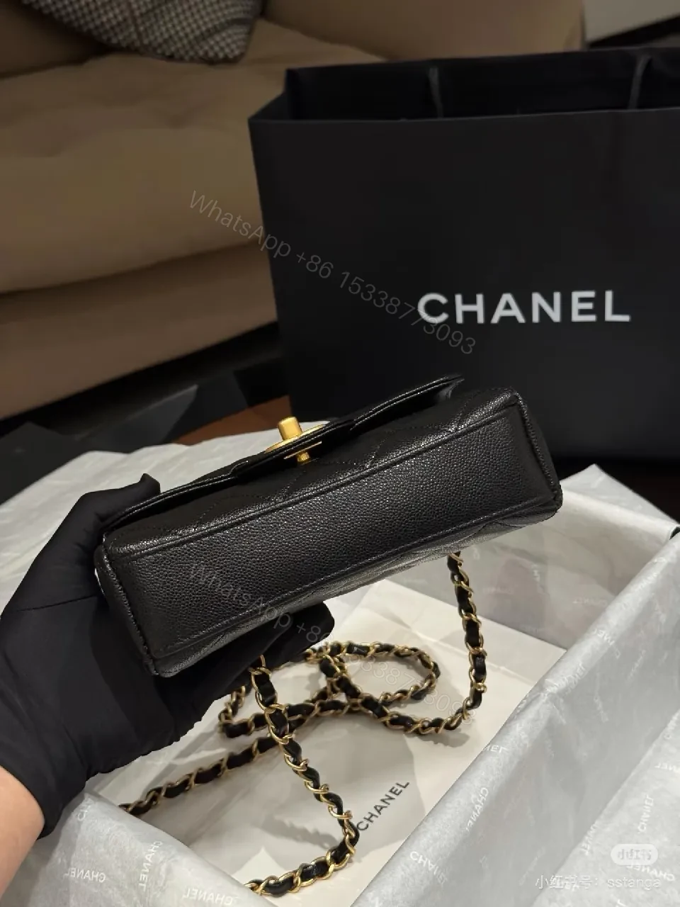 View 3 of Black Quilted Calfskin Flap Bag with Gold Chain - Compact Luxury Bag