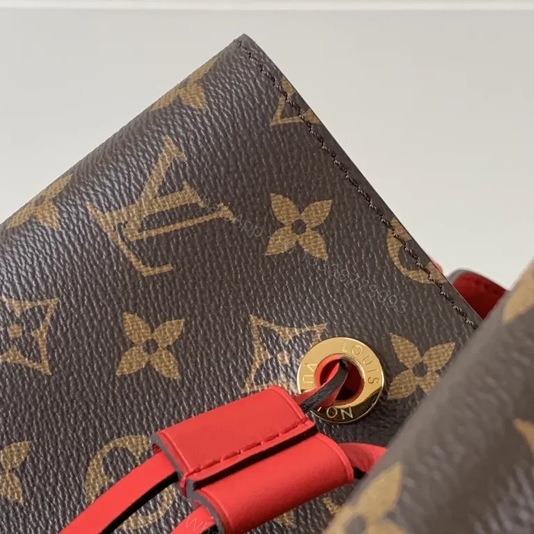 View 9 of Louis Vuitton-Style Monogram Bucket Bag: Red Leather Drawstring, Tote-like Versatility