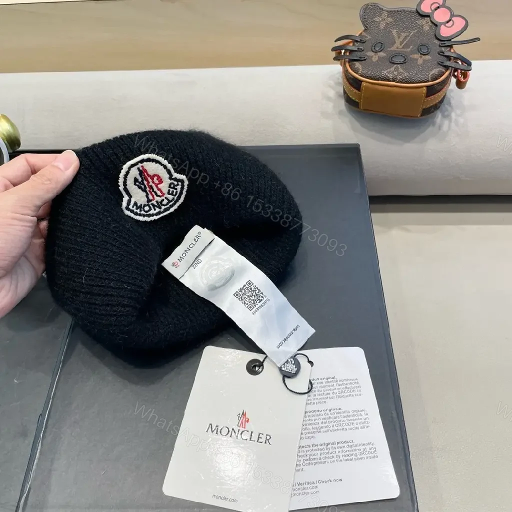 View 2 of Wool Blend Beanie with Crest Embroidery, Black, Modern Luxury Edge