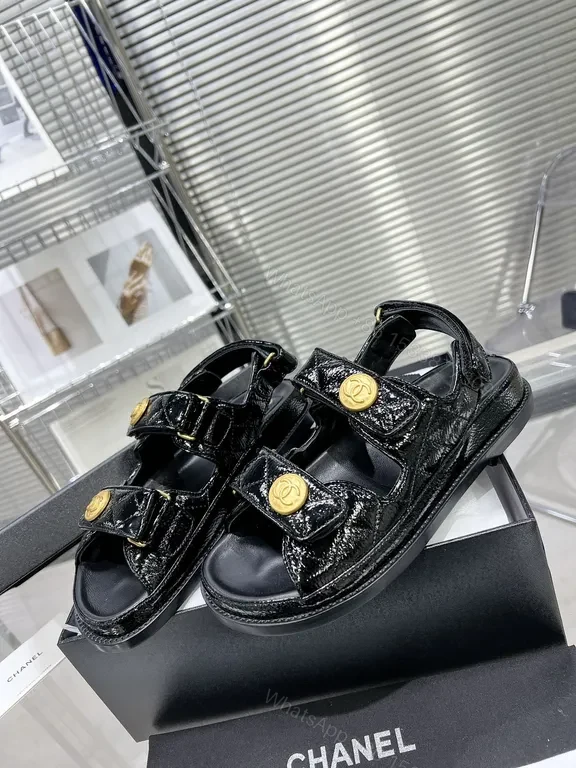 View 5 of Chanel-Inspired Black Patent Sandals with Gold Buttons