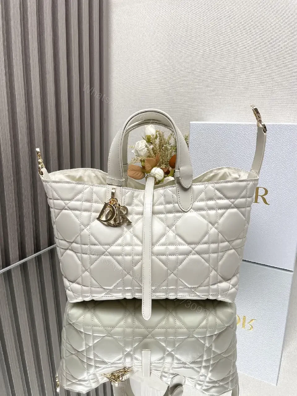 View 6 of Soft Quilted Dome Handbag, Ivory Leather, Couture-Inspired, Gold Charm, Handbag