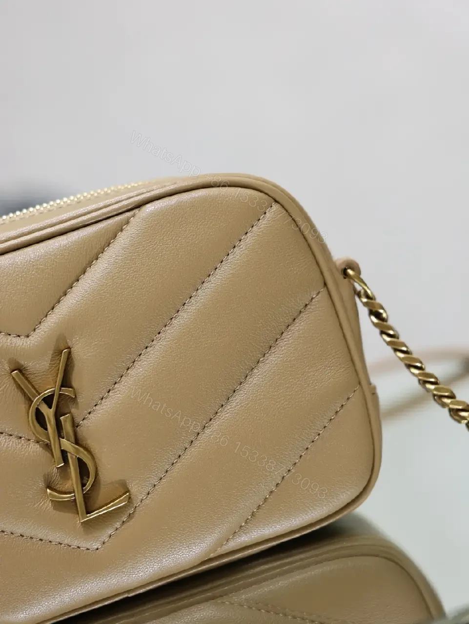 View 5 of Beige Leather Chevron Crossbody Bag with Gold YSL Logo