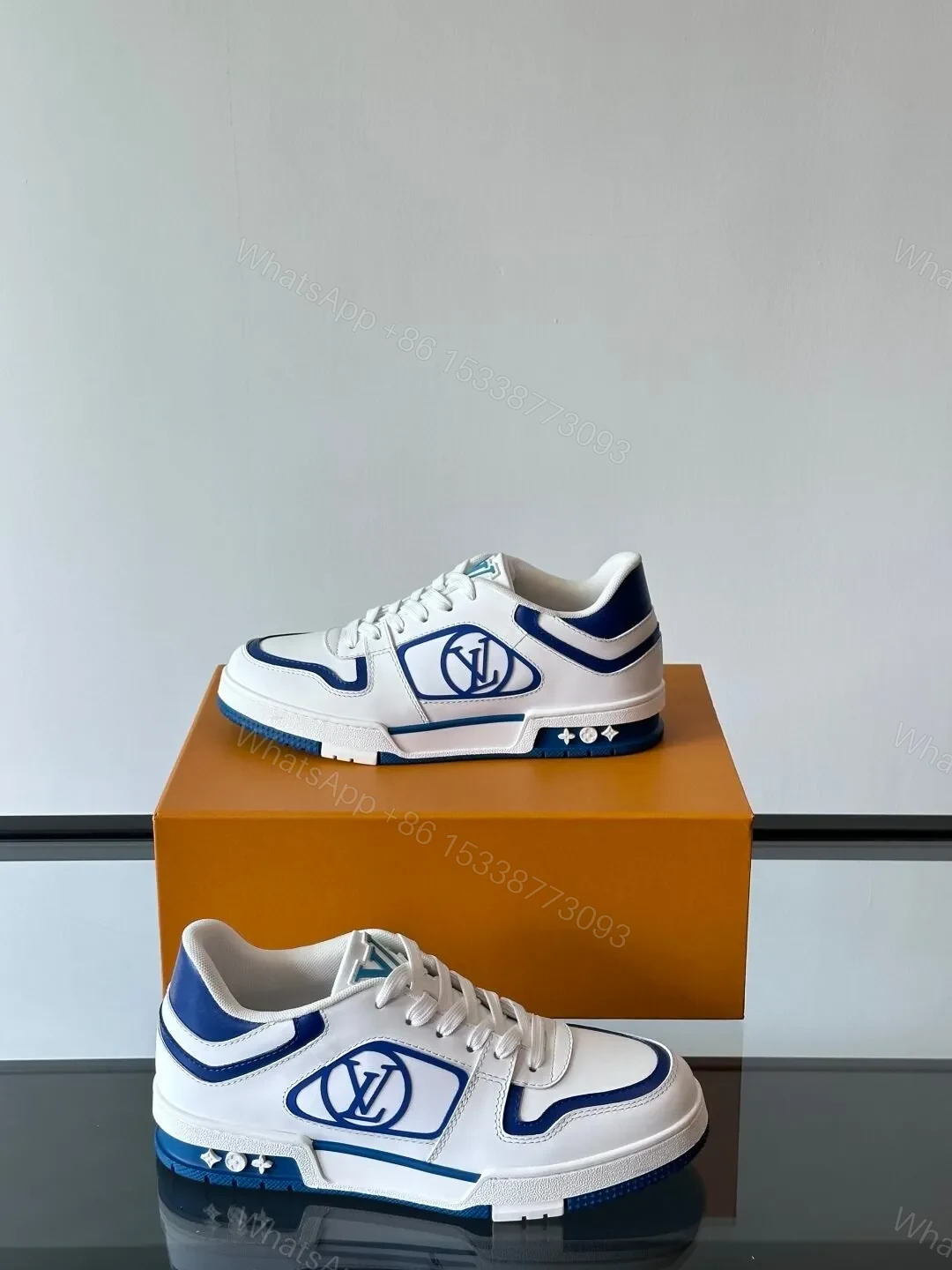 View 5 of LV Men White Blue Leather Sneakers