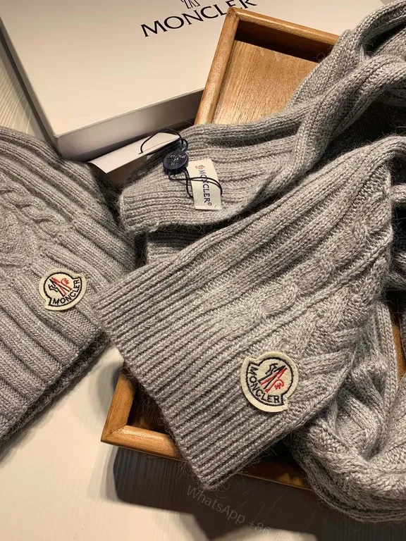 View 2 of Moncler Grey Knit Beanie & Scarf Set â€“ Luxe Winter Warmth