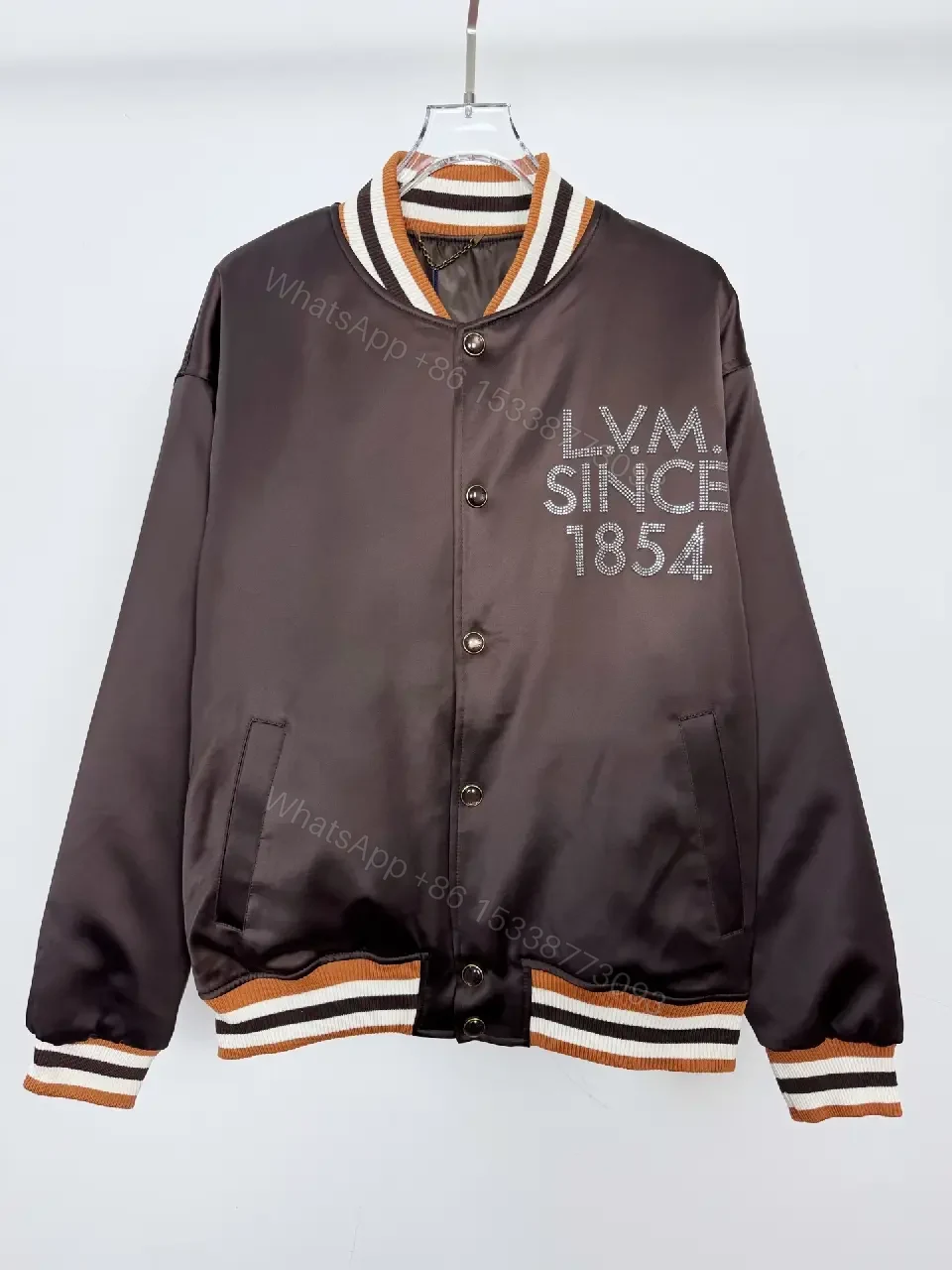 Satin Varsity Jacket with Rhinestone Crest Trim — view 1
