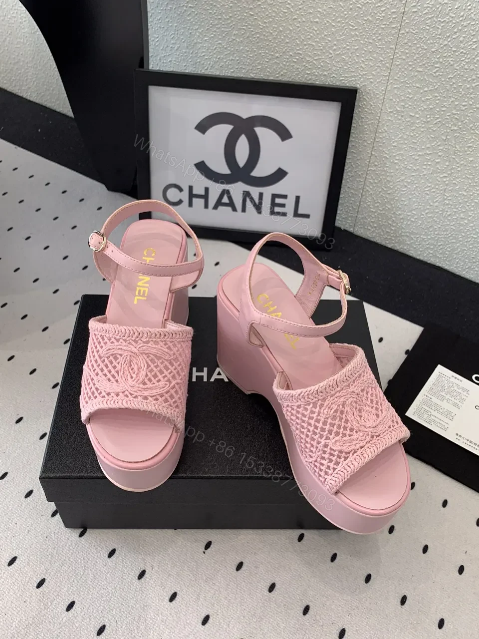 Pink Knit-strap Platform Sandals with Pave Textured Sole — view 1