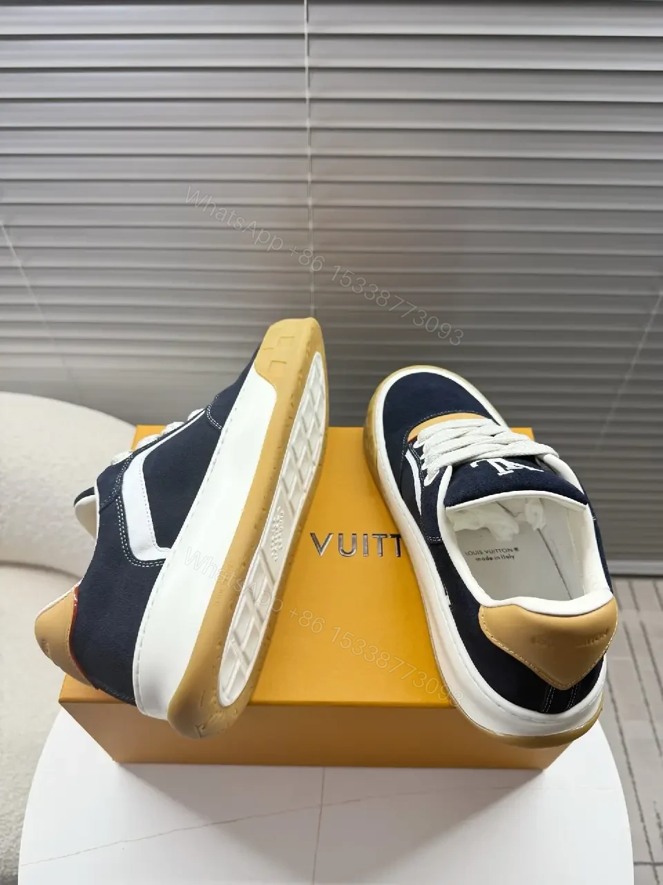 View 3 of Navy Suede Luxe Sneaker: Cream Accents, Gum Sole, High-Top