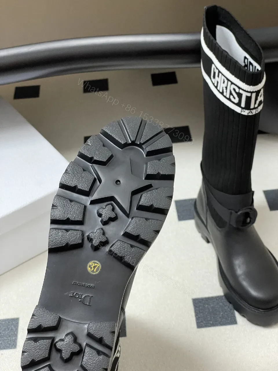 View 4 of Ribbed Knit Leather High-Top Boots: Luxe Streetwear Boldness
