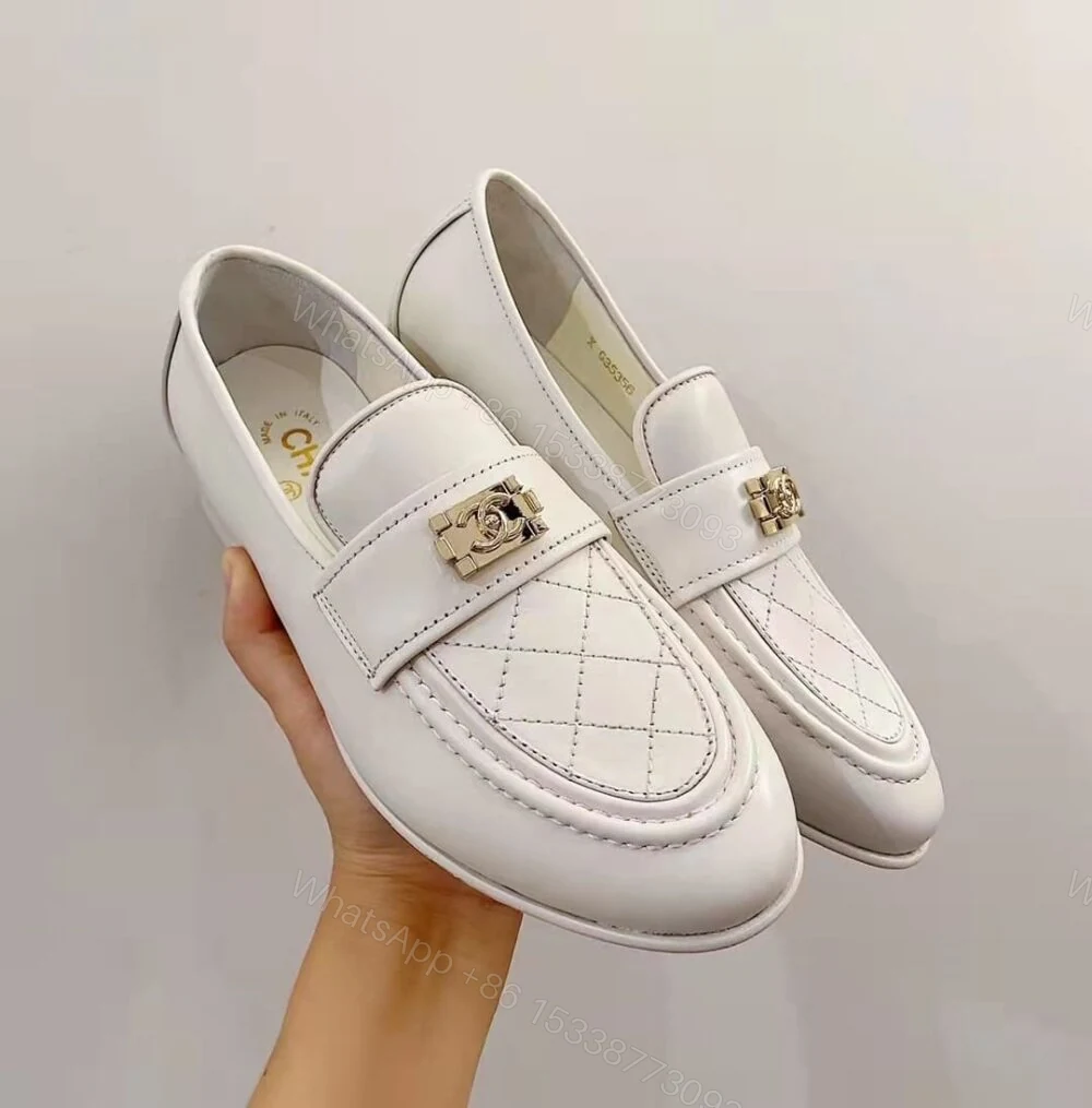 View 4 of Chanel 20B Quilted Boy Lego Metal CC Logo Gold Mule Slip On Flat Loafers White