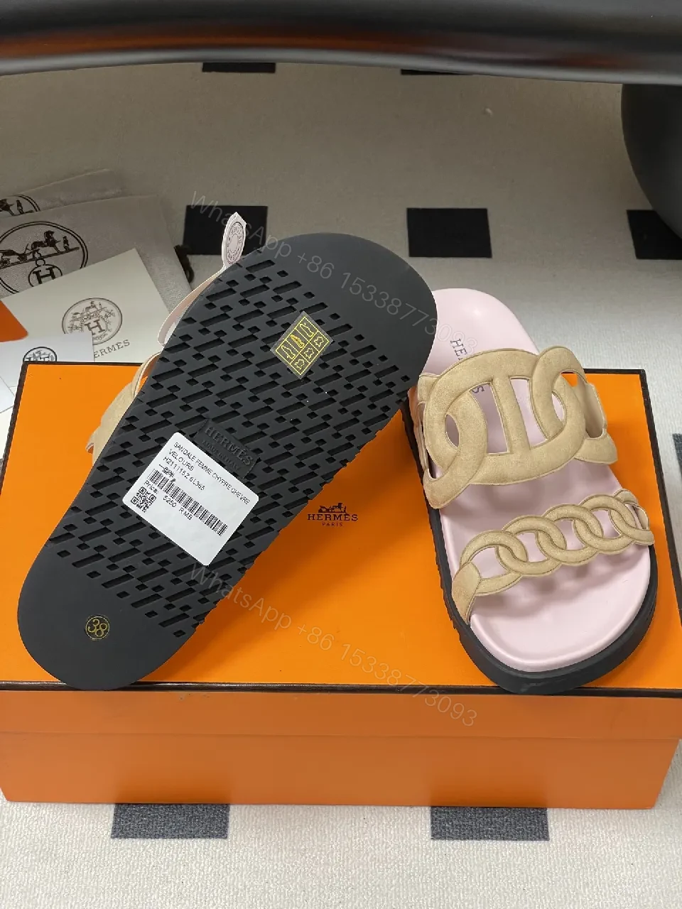 View 4 of Soft Pink Leather Slides with Signature Interlaced Straps