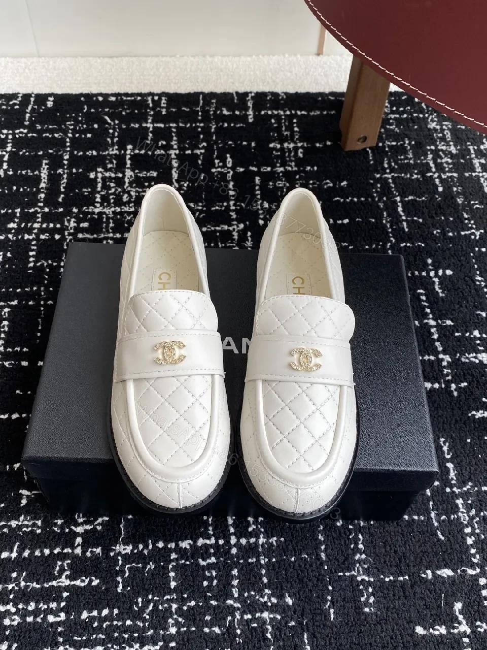View 2 of Quilted White Leather Loafers with Gold Hardware, All-Day Comfort