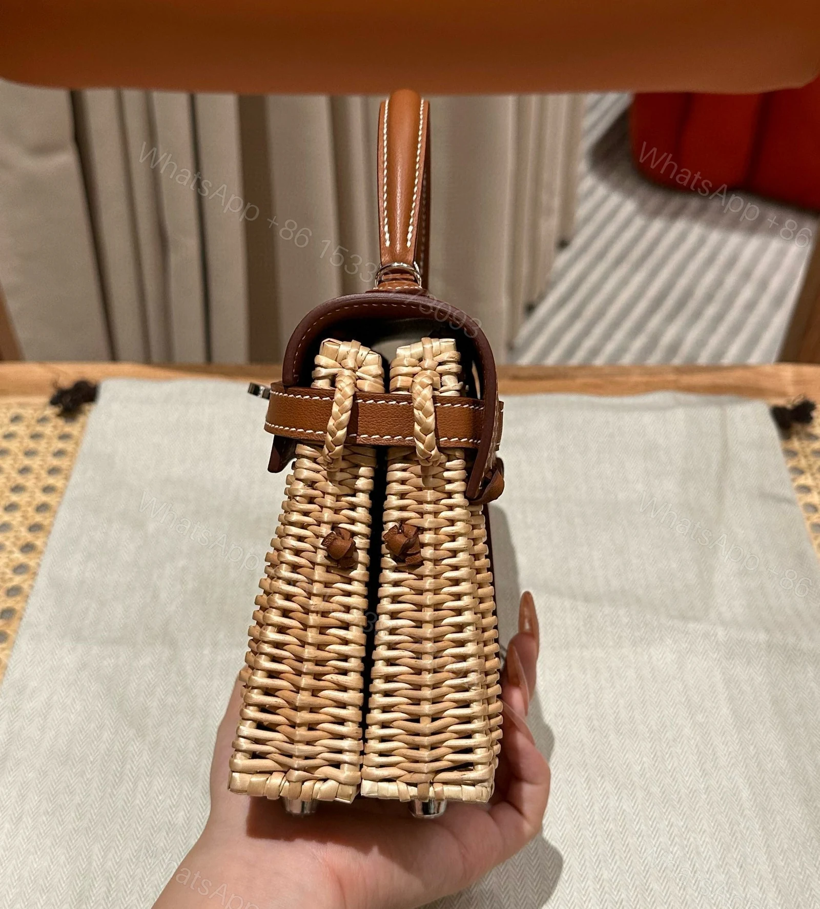View 7 of KELLY PICNIC HANDBAG IN BROWN & NATURAL LEATHER AND WICKER SILVER HARDWARE