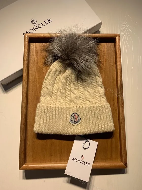View 3 of Cream Cable-Knit Beanie with Faux-Fur Pom-Pom: Moncler Warmth