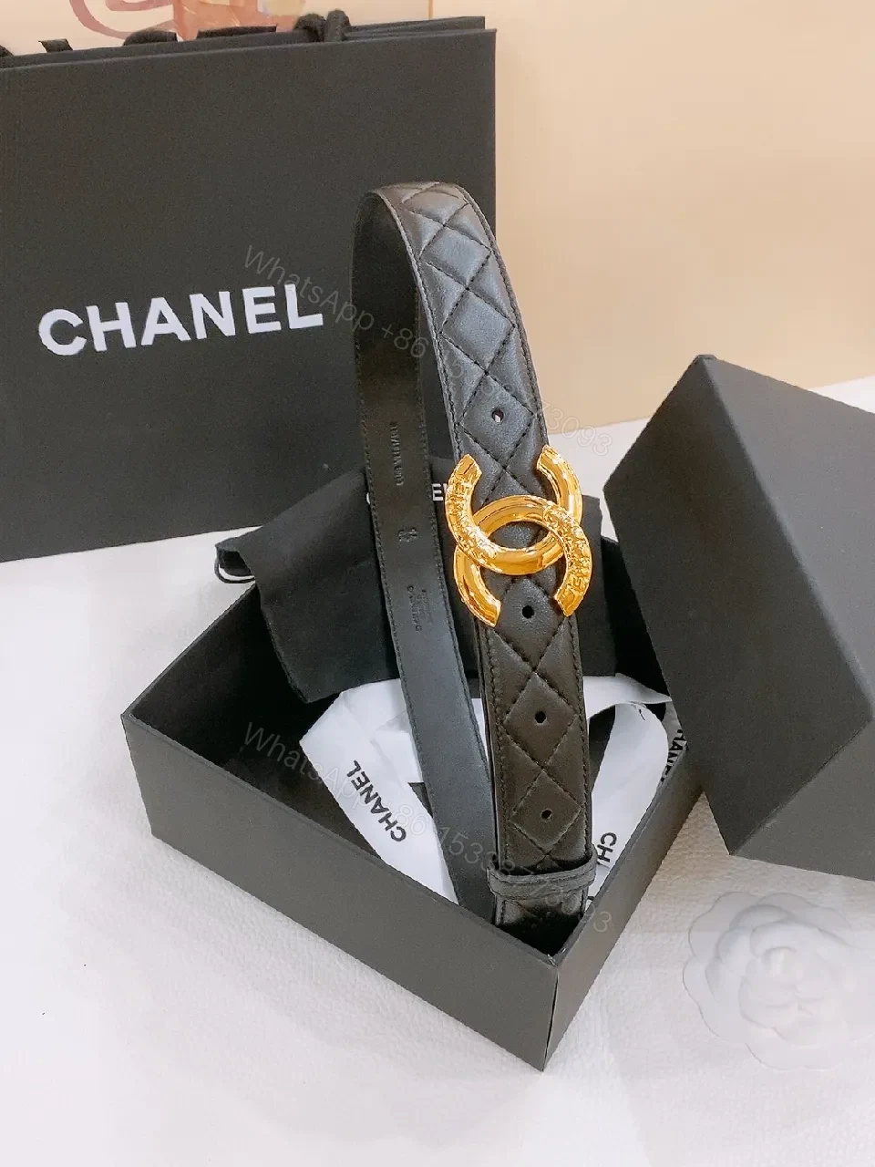 View 4 of Black Quilted Leather Belt with Gold Double-C Logo Buckle