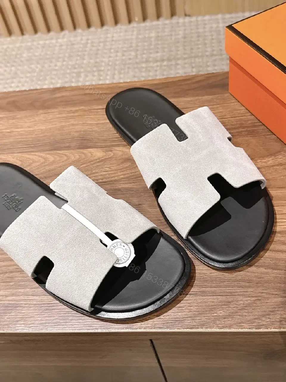 View 6 of Grey suede slide sandals with cutout strap for premium everyday luxury