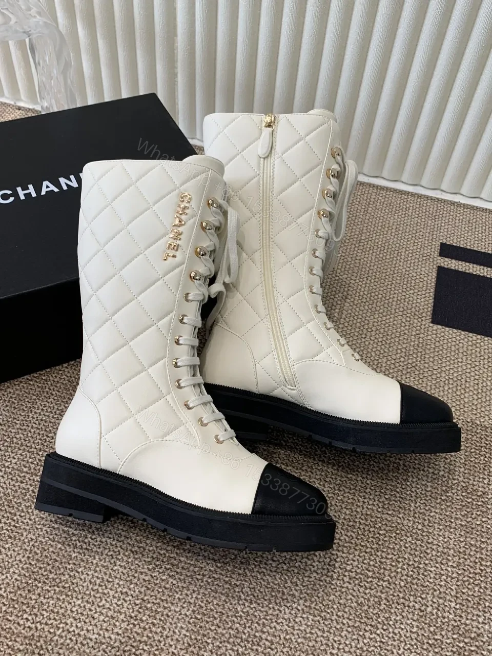 View 4 of Off-White & Black Leather Combat Boots with Luxe Lug Sole
