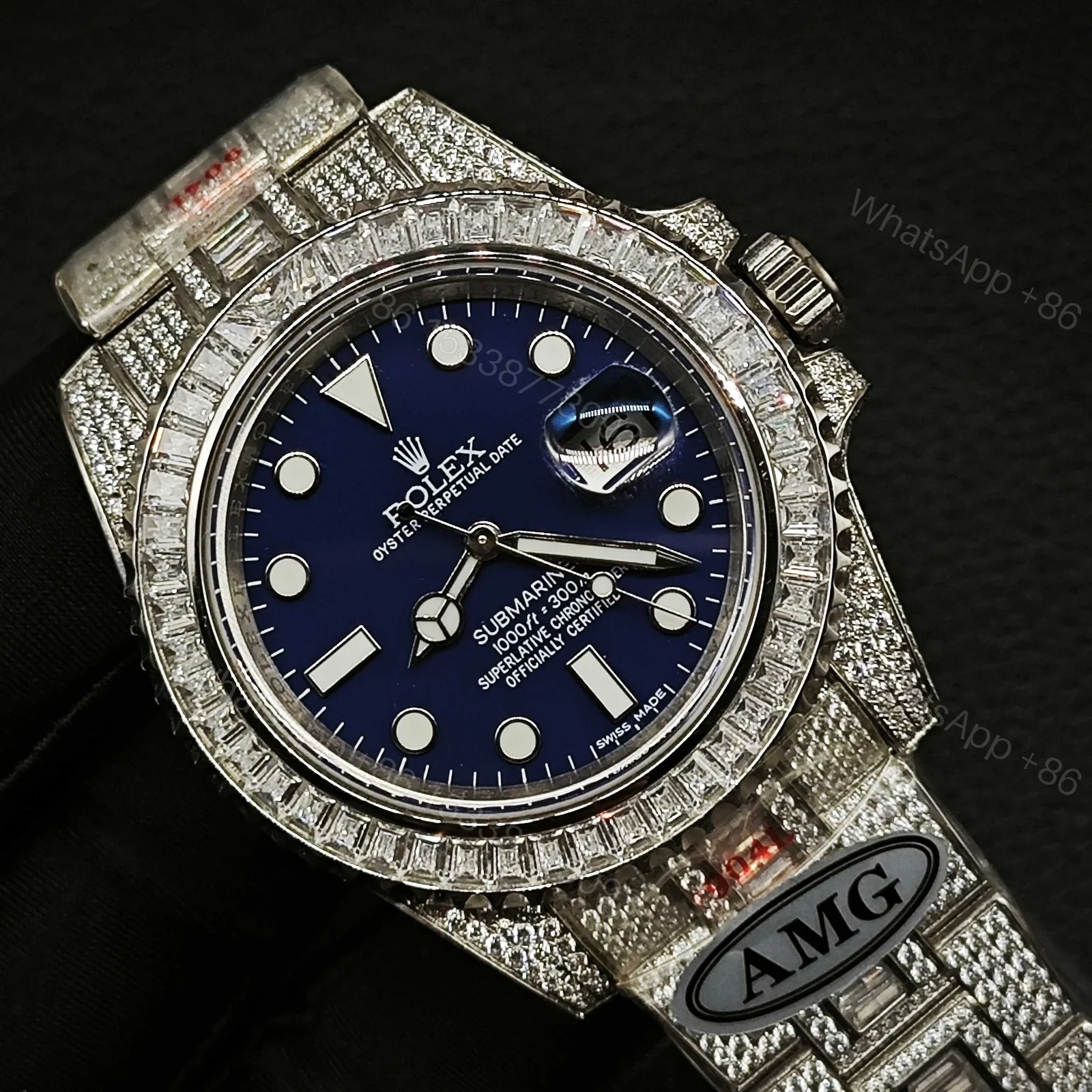 View 5 of Rolex Submariner Blue Dial Diamond Replica 40MM Exclusive Full Pavé Oyster Bracelet RG-ROLEX-SUB-BLUE-PAVE-40