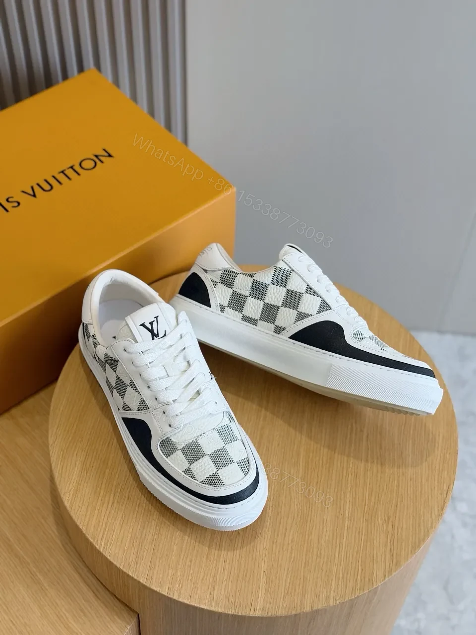 View 7 of White & Grey Checkerboard Leather Sneaker, LV Detail, Low-Top